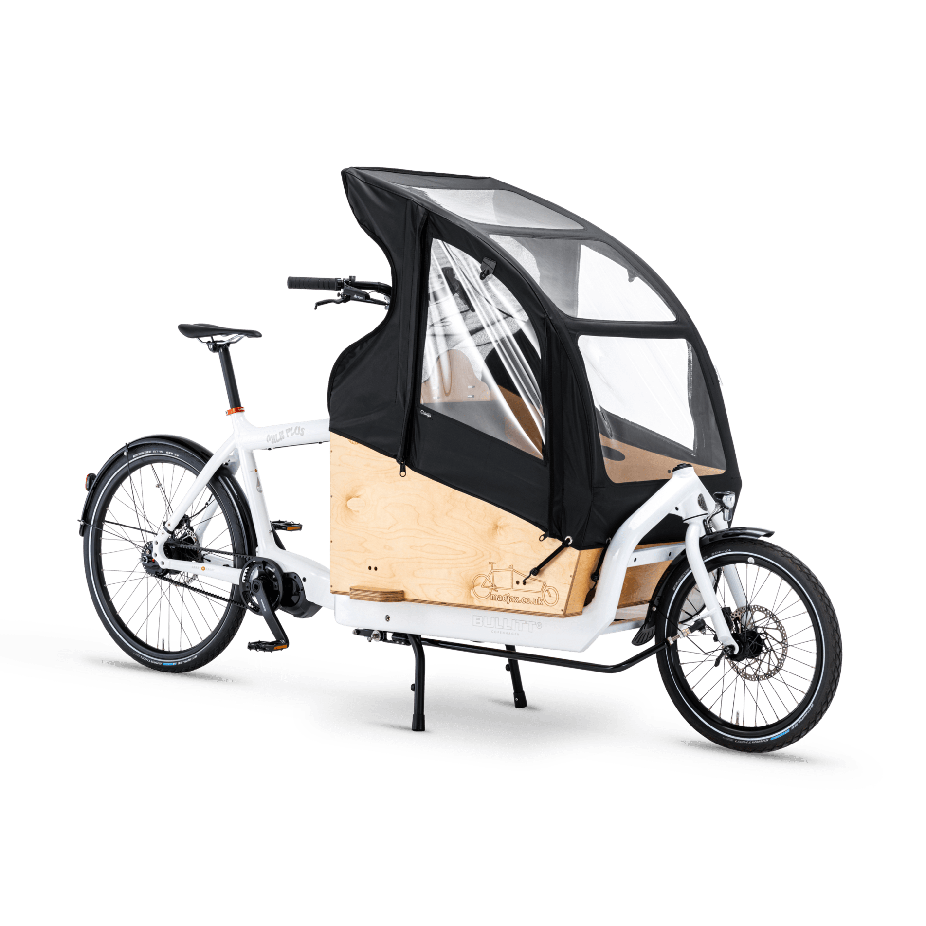 Clarijs rain tent mounted on a MadJax box on a white Bullitt