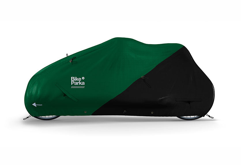 BikeParka cargo bike cover in green and black, covering a full long john