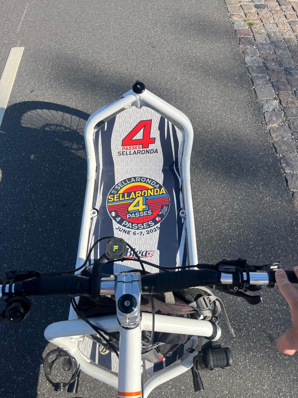 White Bullitt handlebar POV with Sellaronda sticker